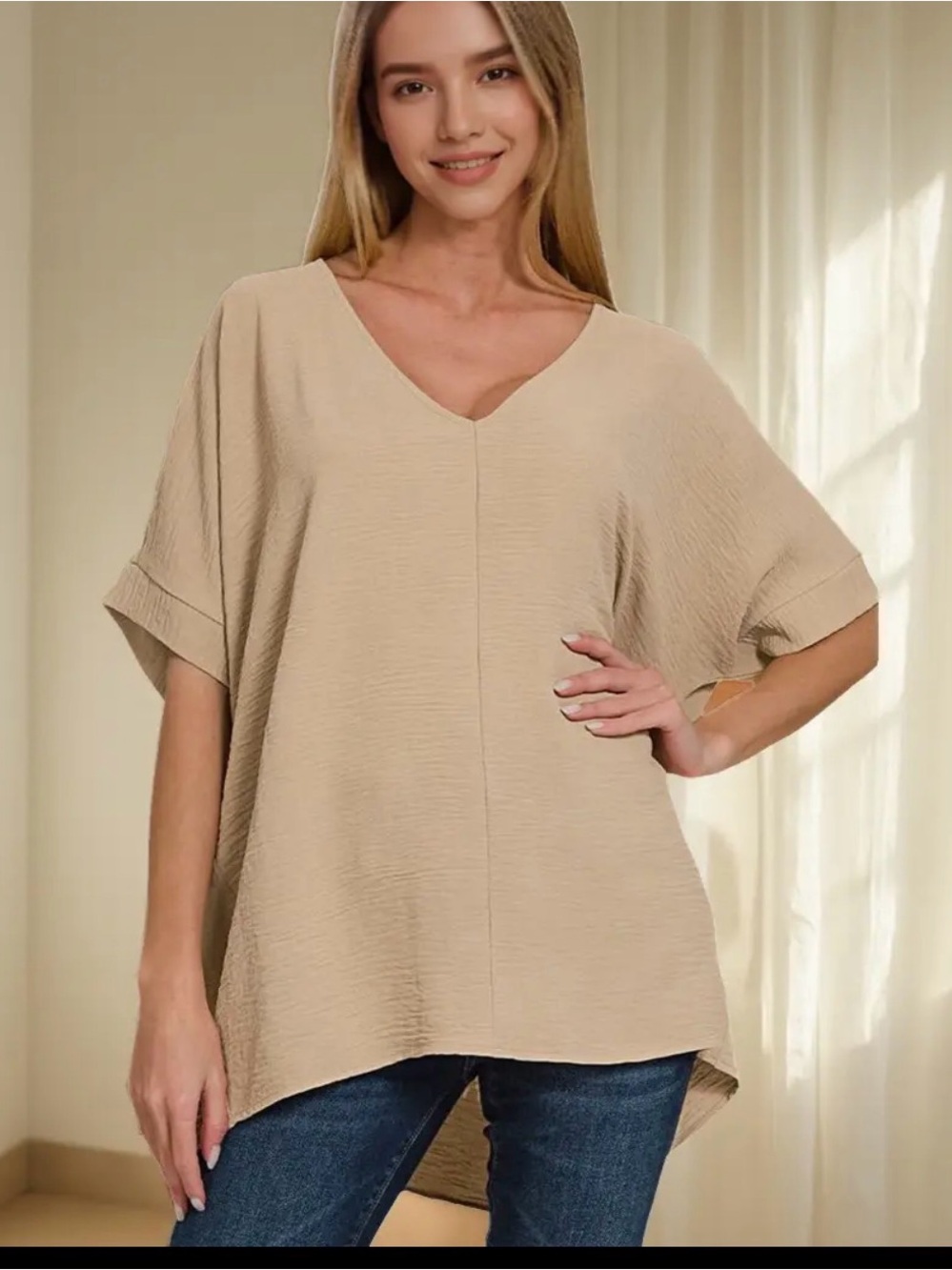 AirflowDolmanV-Neck Short Sleeve Relaxed Tunic Top - Beige or Green